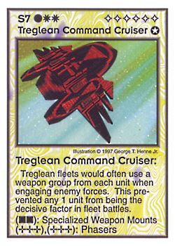 Need: 2    Want: 6    Have: 5    Will Trade: 0    In Storage: 0              S7 ‑ Treglean Command Cruiser  Set: AF  Rarity: R2    Artist: George T. Henne Jr.    