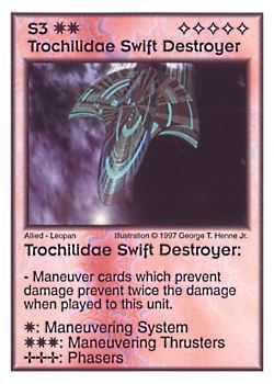 Need: 4    Want: 4    Have: 5    Will Trade: 0    In Storage: 0              S3 ‑ Trochilidae Swift Destroyer  Set: AF  Rarity: V2    Artist: George T. Henne Jr.    