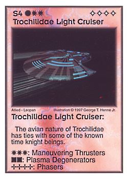 Need: 5    Want: 4    Have: 4    Will Trade: 0    In Storage: 0              S4 ‑ Trochilidae Light Cruiser  Set: AF  Rarity: V2    Artist: George T. Henne Jr.    