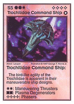Need: 2    Want: 4    Have: 7    Will Trade: 0    In Storage: 0              S5 ‑ Trochilidae Command Ship  Set: AF  Rarity: R2    Artist: George T. Henne Jr.    