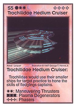 Need: 5    Want: 4    Have: 4    Will Trade: 0    In Storage: 0              S5 ‑ Trochilidae Medium Cruiser  Set: AF  Rarity: V2    Artist: George T. Henne Jr.    