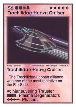 Need: 4    Want: 6    Have: 3    Will Trade: 0    In Storage: 0              S6 ‑ Trochilidae Heavy Cruiser  Set: AF  Rarity: V2    Artist: George T. Henne Jr.    