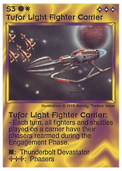 Need: 0    Want: 0    Have: 55 (+81)    Will Trade: 51    In Storage: 37              S3 ‑ Tufor Light Fighter Carrier  Set: NE  Rarity: C1    Artist: Randy 'Tarkas' Hoar    