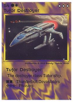 Need: 0    Want: 0    Have: 47 (+80)    Will Trade: 43    In Storage: 29              S4 ‑ Tufor Destroyer  Set: NE  Rarity: C1    Artist: Randy 'Tarkas' Hoar    