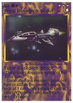 Need: 0    Want: 0    Have: 47 (+79)    Will Trade: 43    In Storage: 28              S4 ‑ Tufor Research Scout  Set: NE  Rarity: C1    Artist: Randy 'Tarkas' Hoar    