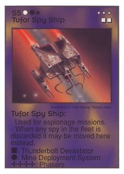 Need: 0    Want: 3    Have: 10    Will Trade: 0    In Storage: 0              S5 ‑ Tufor Spy Ship  Set: AT  Rarity: R1    Artist: Randy 'Tarkas' Hoar    