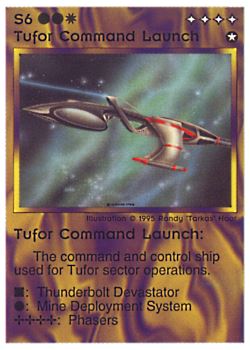 Need: 0    Want: 0    Have: 8 (+36)    Will Trade: 5    In Storage: 4              S6 ‑ Tufor Command Launch  Set: NE  Rarity: R1    Artist: Randy 'Tarkas' Hoar    