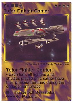 Need: 0    Want: 0    Have: 11 (+33)    Will Trade: 8    In Storage: 7              S6 ‑ Tufor Fighter Carrier  Set: NE  Rarity: R1    Artist: Randy 'Tarkas' Hoar    