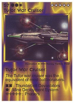Need: 0    Want: 0    Have: 7 (+38)    Will Trade: 4    In Storage: 3              S7 ‑ Tufor War Cruiser  Set: NE  Rarity: V1    Artist: Randy 'Tarkas' Hoar    