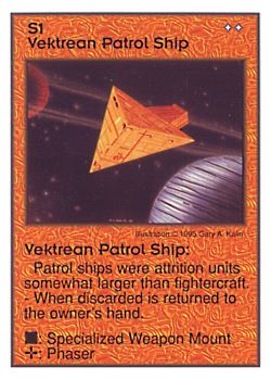 Need: 0    Want: 0    Have: 18    Will Trade: 10    In Storage: 1              S1 ‑ Vektrean Patrol Ship  Set: AT  Rarity: U1    Artist: Gary A. Kalin    