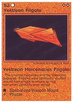 Need: 0    Want: 0    Have: 31 (+171)    Will Trade: 27    In Storage: 20              S2 ‑ Vektrean Frigate (Small Text)  Set: PE  Rarity: U1    Artist: Gary A. Kalin    