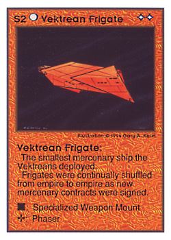 Need: 0    Want: 0    Have: 169 (+33)    Will Trade: 165    In Storage: 66              S2 ‑ Vektrean Frigate  Set: UE  Rarity: C3    Artist: Gary A. Kalin    