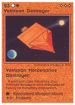 Need: 0    Want: 0    Have: 34 (+125)    Will Trade: 30    In Storage: 23              S3 ‑ Vektrean Destroyer (Small Text)  Set: PE  Rarity: U1    Artist: Gary A. Kalin    