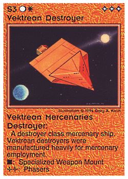 Need: 0    Want: 0    Have: 2 (+157)    Will Trade: 0    In Storage: 1              S3 ‑ Vektrean Destroyer (Large Text)  Set: PE  Rarity: U2    Artist: Gary A. Kalin    
