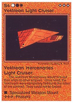 Need: 0    Want: 0    Have: 36 (+129)    Will Trade: 32    In Storage: 25              S4 ‑ Vektrean Light Cruiser (Small Text)  Set: PE  Rarity: U1    Artist: Gary A. Kalin    