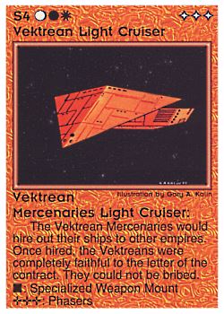 Need: 1    Want: 0    Have: 1 (+164)    Will Trade: 0    In Storage: 0              S4 ‑ Vektrean Light Cruiser (Large Text)  Set: PE  Rarity: U2    Artist: Gary A. Kalin    
