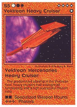 Need: 0    Want: 0    Have: 96 (+137)    Will Trade: 92    In Storage: 82              S5 ‑ Vektrean Heavy Cruiser (Small Text)  Set: PE  Rarity: U1    Artist: Gary A. Kalin    