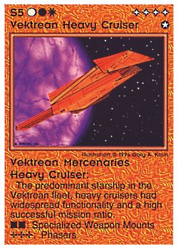 Need: 0    Want: 0    Have: 10 (+223)    Will Trade: 6    In Storage: 5              S5 ‑ Vektrean Heavy Cruiser (Large Text)  Set: PE  Rarity: U2    Artist: Gary A. Kalin    