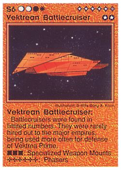 Need: 0    Want: 0    Have: 5 (+28)    Will Trade: 2    In Storage: 0              S6 ‑ Vektrean Battlecruiser  Set: PE  Rarity: V1    Artist: Gary A. Kalin    