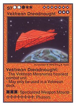 Need: 0    Want: 0    Have: 30 (+9)    Will Trade: 27    In Storage: 3              S7 ‑ Vektrean Dreadnought  Set: UE  Rarity: V3    Artist: Gary A. Kalin    