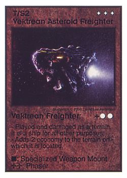 Need: 0    Want: 0    Have: 2    Will Trade: 0    In Storage: 0              T/S2 ‑ Vektrean Asteroid Freighter ‑ Vektrean Freighter  Set: GI  Rarity: U1    Artist: David Lee Anderson    