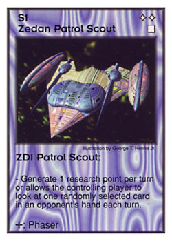 Need: 8    Want: 4    Have: 1    Will Trade: 0    In Storage: 0              S1 ‑ Zedan Patrol Scout ‑ ZDI Patrol Scout  Set: GI  Rarity: U1    Artist: George T. Henne Jr.    
