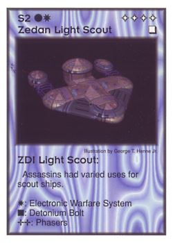 Need: 0    Want: 4    Have: 9    Will Trade: 0    In Storage: 0              S2 ‑ Zedan Light Scout ‑ ZDI Light Scout  Set: GI  Rarity: U2    Artist: George T. Henne Jr.    