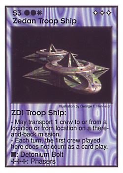 Need: 7    Want: 4    Have: 2    Will Trade: 0    In Storage: 0              S3 ‑ Zedan Troop Ship ‑ ZDI Troop Ship  Set: GI  Rarity: U1    Artist: George T. Henne Jr.    