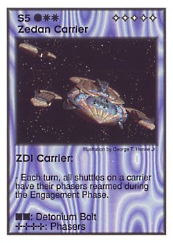 Need: 4    Want: 4    Have: 5    Will Trade: 0    In Storage: 0              S5 ‑ Zedan Carrier ‑ ZDI Carrier  Set: GI  Rarity: U1    Artist: George T. Henne Jr.    