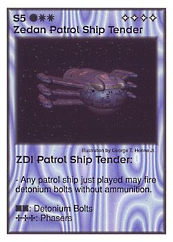 Need: 1    Want: 4    Have: 8    Will Trade: 0    In Storage: 0              S5 ‑ Zedan Patrol Ship Tender ‑ ZDI Patrol Ship Tender  Set: GI  Rarity: R2    Artist: George T. Henne Jr.    