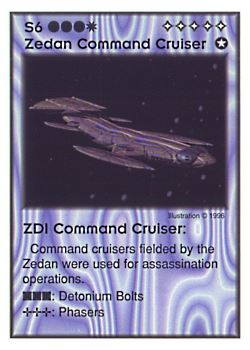 Need: 4    Want: 6    Have: 3    Will Trade: 0    In Storage: 0              S6 ‑ Zedan Command Cruiser ‑ ZDI Command Cruiser  Set: GI  Rarity: V2    Artist: George T. Henne Jr.    