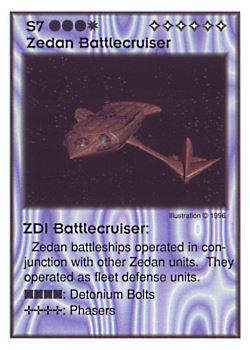 Need: 4    Want: 6    Have: 3    Will Trade: 0    In Storage: 0              S7 ‑ Zedan Battlecruiser ‑ ZDI Battlecruiser  Set: GI  Rarity: V2    Artist: George T. Henne Jr.    