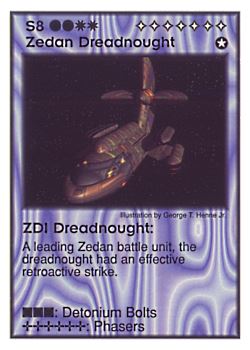Need: 3    Want: 8    Have: 2    Will Trade: 0    In Storage: 0              S8 ‑ Zedan Dreadnought ‑ ZDI Dreadnought  Set: GI  Rarity: V1    Artist: George T. Henne Jr.    