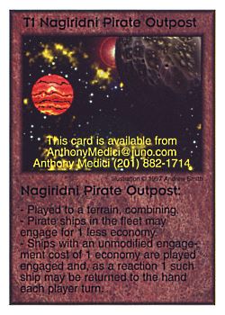 Need: 0    Want: 11    Have: 2    Will Trade: 0    In Storage: 0              T1 ‑ Nagiridni Pirate Outpost  Set: Pro6  Rarity: Pro6    Artist: Andrew Smith    