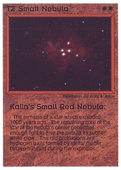 Need: 0    Want: 0    Have: 31    Will Trade: 23    In Storage: 18              T2 ‑ Small Nebula ‑ Kalin's Small Red Nebula  Set: PE  Rarity: VC1/2    Artist: Gary A. Kalin    