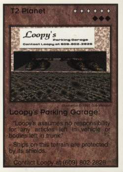Need: 1    Want: 12    Have: 0    Will Trade: 0    In Storage: 0              T2 ‑ Planet ‑ Loopy's Parking Garage  Set: Pro6  Rarity: Pro6    Artist: Bob Wesson    