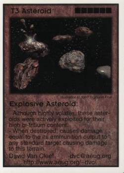 Need: 1    Want: 12    Have: 0    Will Trade: 0    In Storage: 0              T3 ‑ Asteroid ‑ Explosive Asteroid  Set: Pro6  Rarity: Pro6    Artist: Sigmund Frye    