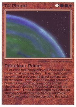 Need: 0    Want: 0    Have: 105 (+102)    Will Trade: 101    In Storage: 92              T4 ‑ Planet ‑ Podekkur Prime  Set: PE  Rarity: U1    Artist: Mark Poole    
