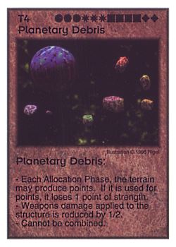Need: 1    Want: 8    Have: 4    Will Trade: 0    In Storage: 0              T4 ‑ Planetary Debris  Set: AF  Rarity: R3    Artist: Rigel    