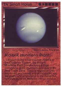 Need: 0    Want: 0    Have: 23 (+42)    Will Trade: 19    In Storage: 14              T4 ‑ Small Moon ‑ Aldibrik Munitions Plant  Set: PE  Rarity: R1    Artist: Space, Time & Art    