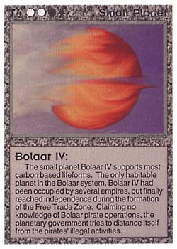 Need: 0    Want: 0    Have: 36 (+3)    Will Trade: 31    In Storage: 29              T4 ‑ Small Planet ‑ Bolaar IV  Set: BE  Rarity: C1    Artist: Josepha Haveman    