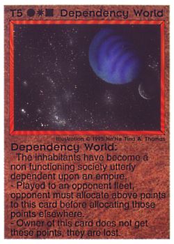 Need: 0    Want: 0    Have: 8 (+44)    Will Trade: 4    In Storage: 1              T5 ‑ Dependency World  Set: NE  Rarity: R1    Artist: Ne'Ne Tina A. Thomas    