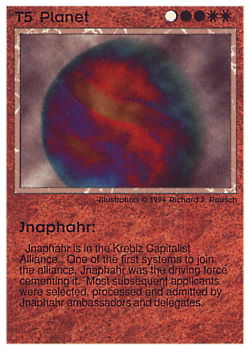 Need: 0    Want: 0    Have: 21 (+66)    Will Trade: 17    In Storage: 8              T5 ‑ Planet ‑ Jnaphahr (Small Text)  Set: PE  Rarity: U1    Artist: Richard J. Rausch    