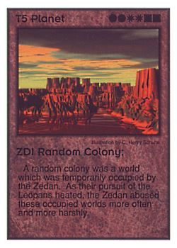Need: 2    Want: 10    Have: 1    Will Trade: 0    In Storage: 0              T5 ‑ Planet ‑ ZDI Random Colony  Set: GI  Rarity: V2    Artist: C. Henry Schulte    