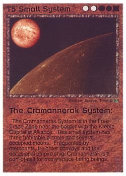 Need: 0    Want: 0    Have: 95 (+124)    Will Trade: 91    In Storage: 67              T5 ‑ Small System ‑ The Cramannerak System (Last line "Port")  Set: PE  Rarity: U1    Artist: Space, Time & Art    