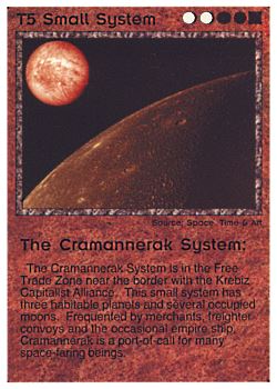 Need: 0    Want: 0    Have: 26 (+193)    Will Trade: 22    In Storage: 25              T5 ‑ Small System ‑ The Cramannerak System (Last line "Space")  Set: PE  Rarity: U2    Artist: Space, Time & Art    