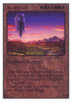 Need: 4    Want: 6    Have: 3    Will Trade: 0    In Storage: 1              T6 ‑ Planet ‑ Treglean Outpost  Set: GI  Rarity: U1    Artist: David Lee Anderson    