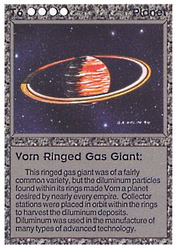 Need: 0    Want: 0    Have: 27    Will Trade: 21    In Storage: 20              T6 ‑ Planet ‑ Vorn Ringed Gas Giant  Set: BE  Rarity: U1    Artist: Gary A. Kalin    