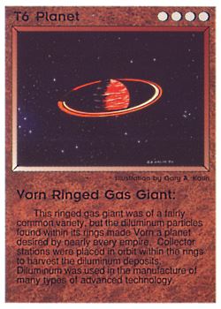Need: 0    Want: 0    Have: 36 (+19)    Will Trade: 33    In Storage: 21              T6 ‑ Planet ‑ Vorn Ringed Gas Giant  Set: PE  Rarity: V2    Artist: Gary A. Kalin    
