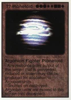 Need: 6    Want: 6    Have: 1    Will Trade: 0    In Storage: 1              T7 ‑ Planetoid ‑ Argonian Fighter Planetoid  Set: Per  Rarity: V1    Artist: C. Henry Schulte    